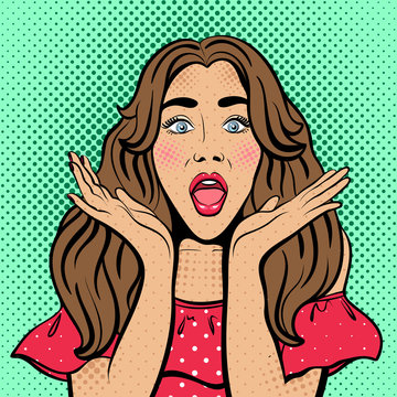 Sexy woman with wide open eyes and mouth and rising hands. Vector background in comic style retro pop art. Girl with the speech bubble. Advertising Pop Art poster or invitation to a party.