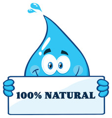 Blue Water Drop Cartoon Character Holding A Banner With Text. Vector Illustration Isolated On Transparent Background