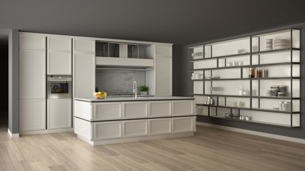 Classic white kitchen in modern open space with parquet floor and big shelving system with decors, island and accessories, minimalist contemporary interior design