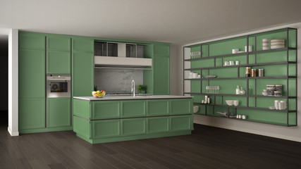 Classic green kitchen in modern open space with parquet floor and big shelving system with decors, island and accessories, minimalist contemporary interior design