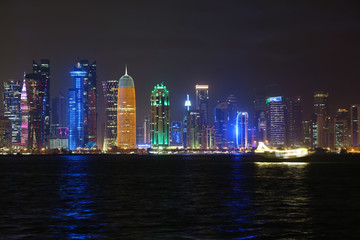  Financial centre in Doha city at night, Qatar