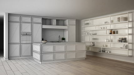 Architect interior designer concept: unfinished project that becomes real, classic kitchen in modern apartment with parquet floor, minimalistic design idea