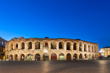 Fototapeta na wymiar Ancient roman amphitheatre Arena in Verona, Italy at night blue hour sunrise.