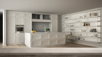 Wooden vintage table top or shelf closeup, zen mood, over classic white kitchen with island in modern apartment, renovation showcase, white architecture interior design