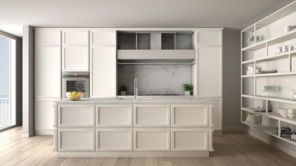 Classic white kitchen in modern open space with parquet floor and big panoramic window with balcony, island and accessories, minimalist contemporary interior design