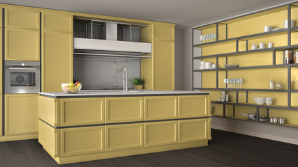 Classic yellow kitchen in modern open space with parquet floor and big shelving system with decors, island and accessories, minimalist contemporary interior design