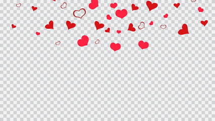 Part of the design of wallpaper, textiles, packaging, printing, holiday invitation for wedding. Red hearts of confetti are falling. Romantic background. Red on Transparent background Vector.