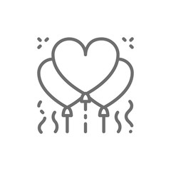 Heart shaped balloons, confetti line icon.