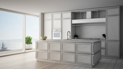 Architect interior designer concept: unfinished project that becomes real, classic kitchen in modern apartment with parquet floor, minimalistic design idea