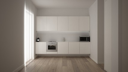 Obraz na płótnie Canvas Minimalist white small kitchen design in one bedroom apartment with parquet floor and window with modern curtain, clean interior design, modern contemporary architecture concept idea