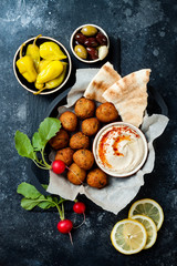 Middle Eastern traditional dinner. Authentic arab cuisine. Meze party food. Top view, flat lay, overhead