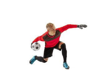 one soccer player goalkeeper man throwing ball. Silhouette isolated on white studio background