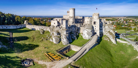 Wide panorama of the ruins of medieval castle on the rock in Ogrodzieniec, Poland. One of...