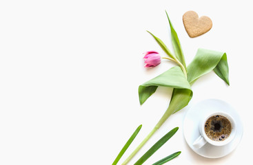 Delicate composition with tulip and liver in the form of heart. Love Background for the presentation of work or text.  Top view. Copy space.  Top view. Copy space. Mock-up