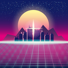 Synthwave Retro Futuristic Landscape With City, Sun, Stars And Styled Laser Grid. Neon Retrowave Design And Elements Sci-fi 80s 90s Space. Vector Illustration Template Isolated Background