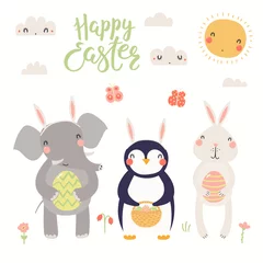 Papier Peint photo autocollant Illustration Hand drawn vector illustration of a cute elephant, bunny, penguin, with eggs, text Happy Easter. Isolated objects on white background. Scandinavian style flat design. Concept for kids print, card.