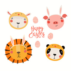 Hand drawn vector illustration of cute pig, lamb, lion, panda in bunny, chick costumes, with eggs, text Happy Easter. Isolated objects. Scandinavian style flat design. Concept for kids print, card.