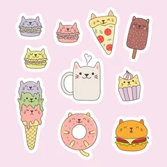 Tuinposter Illustraties Set kawaii stickers met voedsel met kattenoren, macarons, pizza, hamburger, ijs, cupcake, donut, koffie. Geïsoleerde objecten. Hand getekend vectorillustratie. Lijntekening. Ontwerpconcept kinderprint.