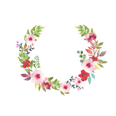 Hand drawn watercolor bouquet with place for your text. Design for card, invitation. Floral arrangement with circle frame. Wreath with flowers.