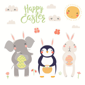 Hand drawn vector illustration of a cute elephant, bunny, penguin, with eggs, text Happy Easter. Isolated objects on white background. Scandinavian style flat design. Concept for kids print, card.