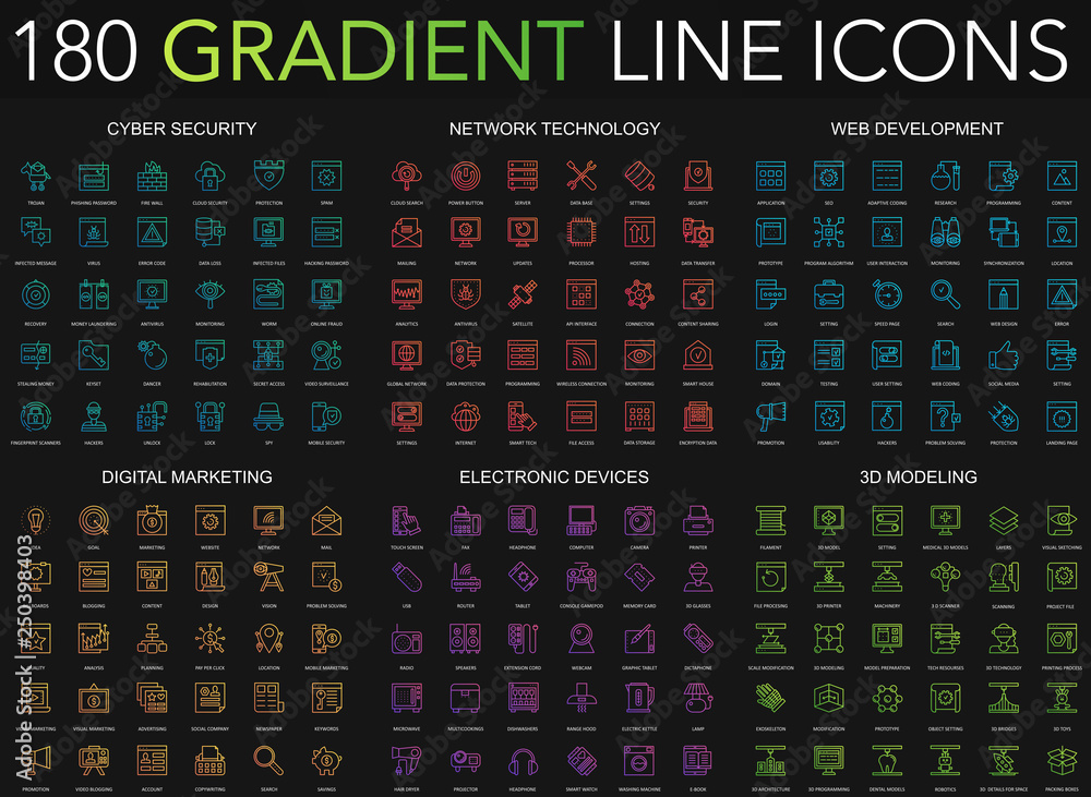 Aufkleber 180 trendy gradient style thin line icons set of cyber security, network technology, web development, digital marketing, electronic devices, 3d modeling isolated on black background.