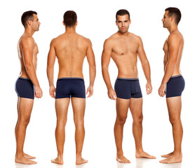 Collage of same shirtless handsome man in panties on white background