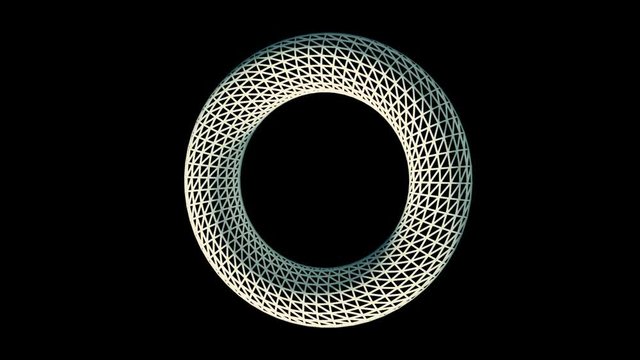 Abstract shape, white element in wireframe hologram style rotating on black background with small, white dots. Monochrome volume model of a transparent ring spinning.