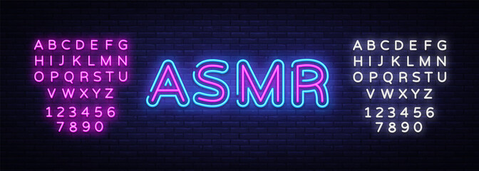 ASMR Neon Text Vector. Autonomous sensory meridian response neon sign, design template, modern trend design, night neon signboard, night bright advertising. Vector. Editing text neon sign