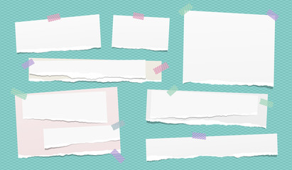 Set of white ripped notebook paper, torn note paper strips stuck with colorful sticky tape on squared turquoise background. Vector illustration