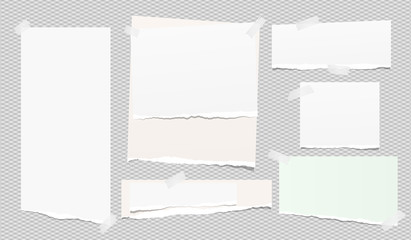 Set of white ripped notebook paper, torn note paper strips stuck with sticky tape on squared grey background. Vector illustration