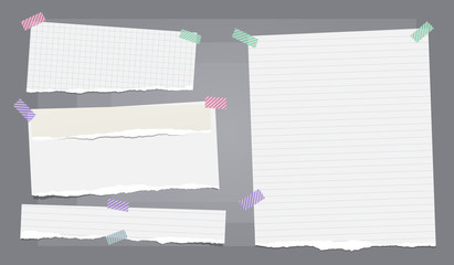 Set of white ripped notebook paper, torn note paper strips stuck with sticky tape on dark grey background. Vector illustration