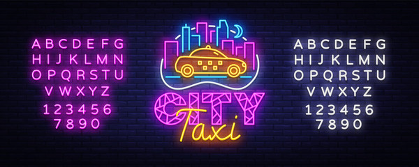 Taxi Service neon sign vector design template. City Taxi neon logo concept, light banner design element colorful modern design trend, night bright advertising. Vector. Editing text neon sign