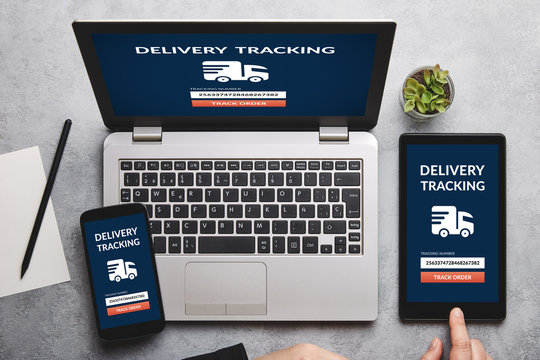 Delivery tracking concept on laptop, tablet and smartphone screen