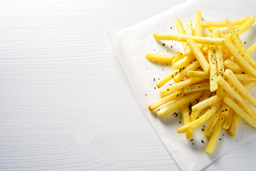 French fries on a white background.