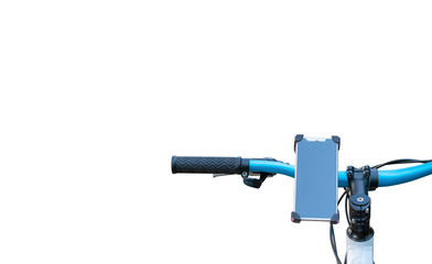 Smartphone mount on handlebar of mountain bike isolated on white background.