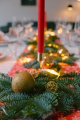 Christmas lunch decorations on the table.