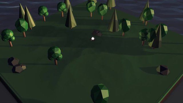 3D model of a green park with a place for picnic by the fire on grey background. Abstract graphic design, volume illustration of a green meadow with trees.