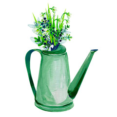Gouache floral bouquet in a watering can. Hand-drawn clipart for art work and weddind design. © Tasi Denisova