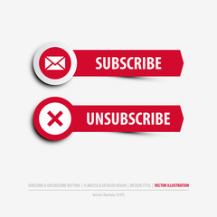 subscribe and unsubscribe buttons containing: two differently designed isolated web buttons, subscribe and unsubscribe symbols, flat, minimal, material design style, eps10 vector illustration