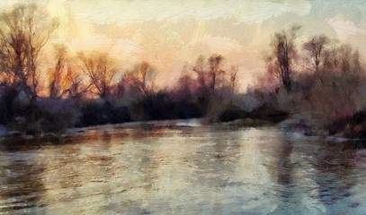 Fototapeta premium Nature motifs. Beauty spring or summer landscape. Oil painting original wall art print in large size for interior design decor. Impressionism modern pictorial. Contemporary mixed drawing on canvas.
