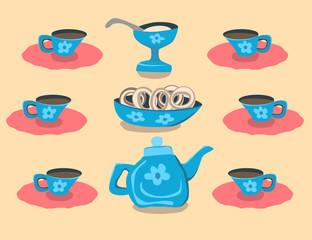 A set of dishes for tea and coffee. There is a kettle, cups, vase, bowl, donut.