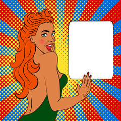 Sexy, surprised blonde pop art woman with wide-open eyes and open mouth, in evening dress with open back. Vector background in comic style retro pop art. Invitation to a party.