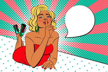 Sexy, blond pop art woman with beautiful eyes and mouth, in evening dress, lying on the podium. Vector background in comic style retro pop art. Invitation to a party.