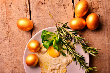 Naklejka na ściany i meble omelet of Golden eggs for Breakfast on wooden background