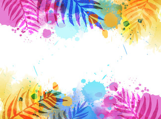 Abstract background with watercolor splashes and palm leaves