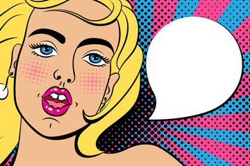 Sexy blonde woman surprised with beautiful eyes and open mouth. Vector background in comic style retro pop art. 