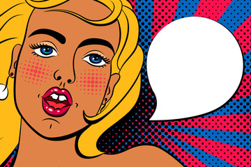 Sexy, surprised blonde pop art woman with beautiful eyes and open mouth. Vector background in comic style retro pop art. Face close-up.