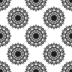 Seamless pattern with abstract flowers. Fashion textile print. Asian fabric background. Vector monochrome design. Perforation floral holes.