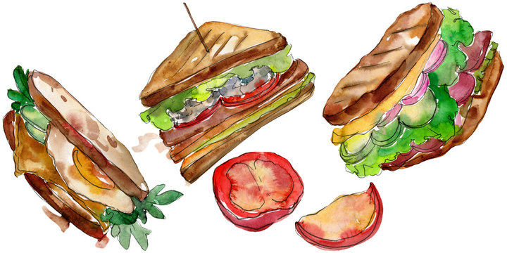 Sandwich in a watercolor style isolated set. Watercolour fast food illustration element on white background.