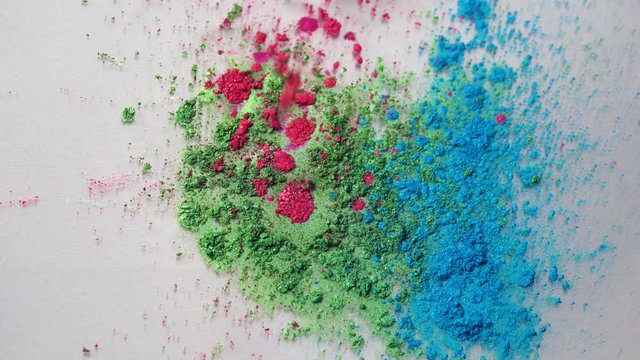 Top view of dry colorful inks falling in white liquid substance. Beautiful iridescent background of green, blue and rose powder in white fluid.